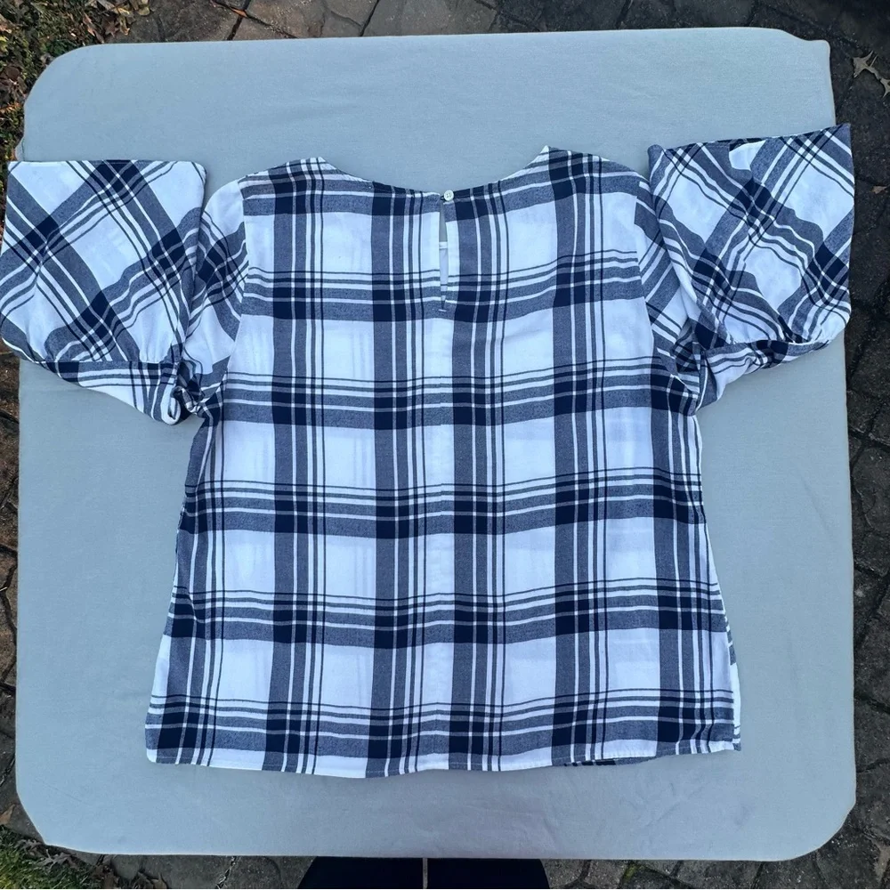 J.Crew Mercantile Plaid Bell Sleeve Blouse Top Navy Blue White Cotton Size 14